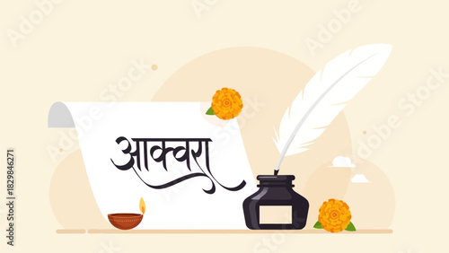 This flat design illustration elegantly portrays the act of writing with a quill pen and inkpot, featuring beautiful Indian script, symbolizing the rich literary heritage of India. 