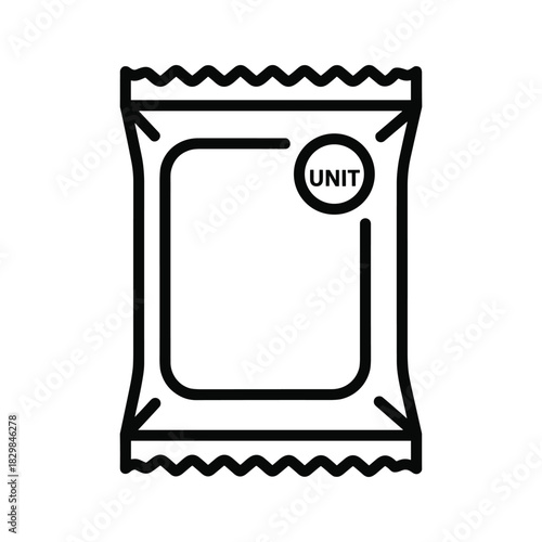 Minimalist line icon of a single-serve unit sachet packaging, ideal for small portions or samples.