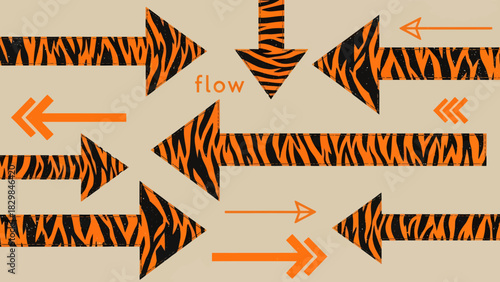 A dynamic pattern of tiger-striped and solid orange arrows pointing in various directions on a beige background, with the word "flow" indicating movement.