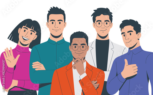 Professional multi-ethnic diverse business team of five corporate staff members, including a woman and men in smart attire, posing confidently in a modern flat design vector illustration, symbolizing
