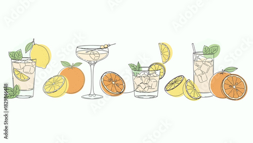 Line art illustration of various cocktails with citrus fruits and mint leaves.