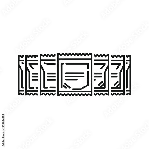 Row of monochrome line icon individual serving packets or sachets, depicting convenience food items or condiments