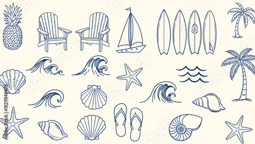 Summer beach themed line art illustration with pineapple, chairs, boat, surfboards, palm trees, shells, waves, starfishes, and flip-flops.