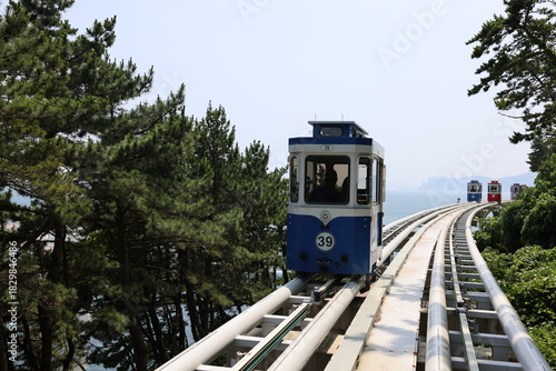 Seaside Monorail Train on Curved Elevated Railway, Haeundae, Busan