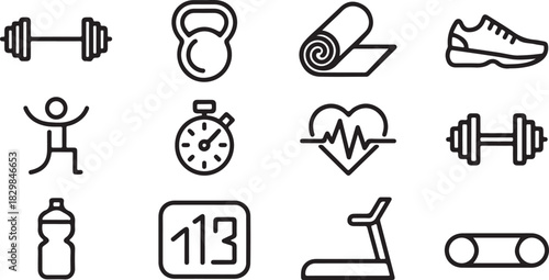 Fitness and exercise icon set with workout equipment and exercise symbols isolated