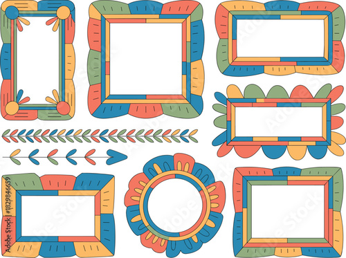 Groovy retro frames and borders set featuring psychedelic 70s style colorful design elements, geometric abstract shapes, fun wavy outlines, circular and rectangular templates for presentations, invita