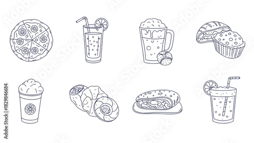 A collection of hand-drawn line art illustrations of various food and drink items, including pizza, drinks, pastries, and baked goods.