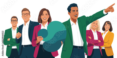 A diverse group of professional business employees, managers, and executives demonstrating teamwork and corporate leadership, proudly smiling and pointing towards the future while holding an abstract
