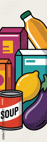 Vibrant flat design vector illustration of essential pantry staples and fresh produce, featuring packaged food boxes, juice bottles, canned soup, lemon, and eggplant, symbolizing shopping, nutrition,