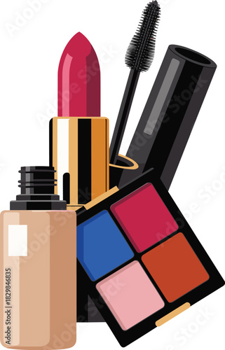 Essential and vibrant makeup routine tools, including moisturizing ruby red lipstick, beige liquid foundation, black volume mascara wand, and a four-color eyeshadow palette, presented as a modern grap