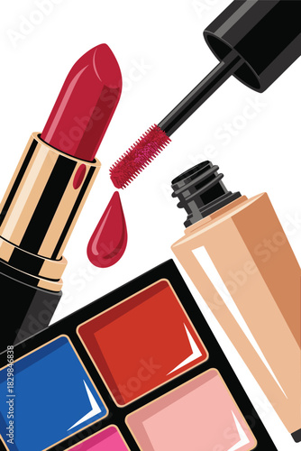 A close-up view of luxury cosmetic products including vibrant red lipstick, liquid foundation, and a colorful eyeshadow palette, shown with a dripping mascara brush in a detailed, professional vector