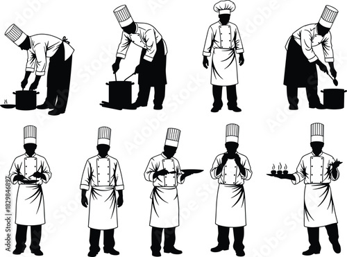 Set of Professional Chef Silhouettes Vector Illustration, Showing Cooks in Toque Hats and Aprons Performing Various Kitchen Tasks Including Stirring, Serving, and 