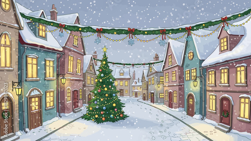 A charming cartoon village street decorated for Christmas with a large tree and falling snow.