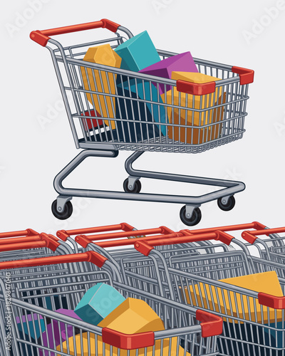 Modern commercial illustration of a full shopping trolley carrying abstract colorful geometric shapes, representing product selection, consumerism, and retail business marketing strategy, set against
