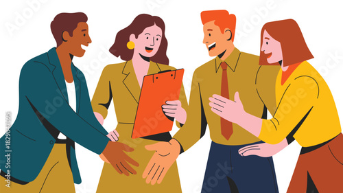 Diverse professional business team collaborating on important project documentation, discussing corporate strategy, showing successful teamwork, partnership, and agreement with friendly smiles, illust