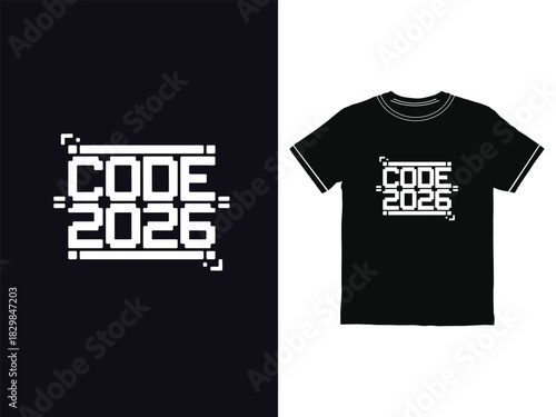 Code 2026 pixel art design on a black t shirt isolated