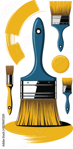Essential vector illustration set of painting tools, including large and small construction paintbrushes with blue handles and yellow bristles, dipped in bright primary color paint, ideal for home imp