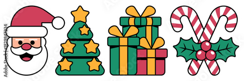 Modern Christmas holiday flat design vector icon set featuring Santa Claus face, stylized evergreen tree decorated with yellow stars, stacked colorful gift boxes, and crossed peppermint candy canes wi
