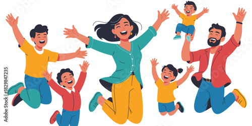 Cheerful, diverse parents and four children jumping high together, celebrating success, expressing boundless joy, happiness, and freedom, a vibrant, modern lifestyle illustration used for marketing, a