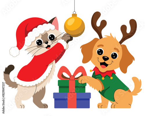 Adorable cartoon kitten in Santa costume playing with a golden Christmas ornament while a happy puppy wearing reindeer antlers and an elf outfit sits next to wrapped gifts and presents, creating a che
