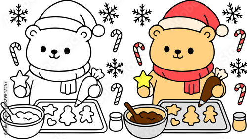 Create festive christmas bear coloring pages in a cozy kitchen setting for holiday fun with art a creative and heartwarming experience