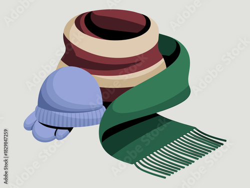 Minimalist vector illustration featuring warm, comfortable knit wear for cold weather preparedness, showcasing a periwinkle hat, a striped snood, and a flowing emerald scarf, ideal for holiday retail