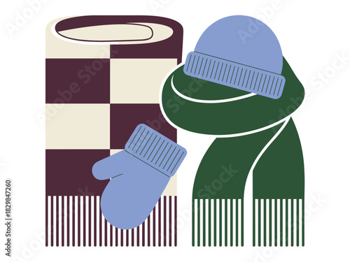 Minimalist flat vector illustration of cozy winter apparel and accessories including a blue knit beanie hat, matching mitten, long dark green knitted scarf, and a folded checkered wool blanket, ideal