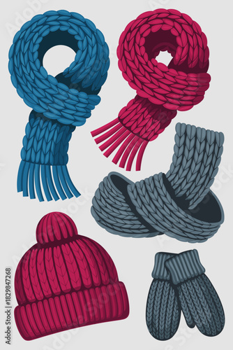 Colorful stylized vector illustration of essential knitted winter accessories collection featuring warm blue and deep magenta scarves, ribbed beanie hat, cozy cable knit mittens, and comfortable grey