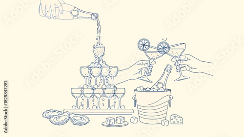 Illustration depicting a champagne tower, drinks, and hands clinking glasses, with oysters.