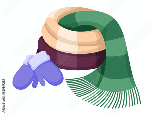 Cozy cold weather winter ensemble of graphic clothing accessories including a warm beige and deep purple hat, a flowing striped green knit scarf, and comfy blue mittens, ideal isolated vector illustra