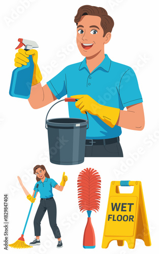 Cheerful janitor and female housekeeper team providing thorough facility maintenance services, holding a bucket, spray bottle, mop, and caution sign, depicting essential professional cleaning occupati