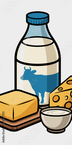 Vector illustration of essential farm-fresh dairy products, featuring a tall glass bottle of whole milk with a blue cap and cow silhouette, alongside rich yellow butter, a wedge of Swiss cheese, and c