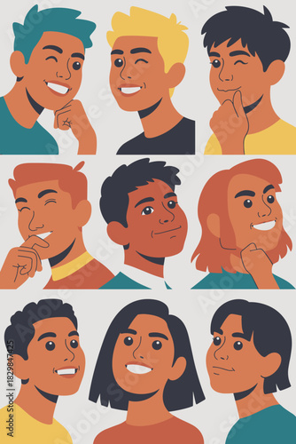 Brightly colored diverse group of smiling young adults and happy college students featured in a modern flat vector design collage showcasing various friendly facial expressions for technology, UI, rep