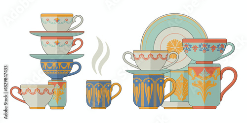A vibrant vector illustration showcasing stacked vintage Art Deco style cups and saucers, forming precarious tea party towers, featuring ornate pastel porcelain china kitchenware collection for elegan
