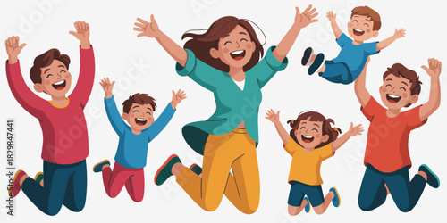 A large, diverse, cheerful family group including a mother and multiple happy children jumping and celebrating their success together with raised hands on a bright white background, ideal vector illus