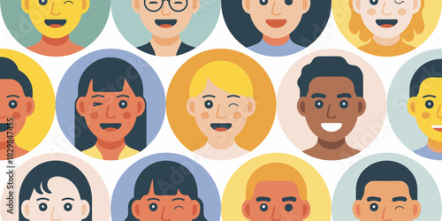 Highly diverse and multiethnic collection of smiling faces, joyful professional user portraits, and happy global people avatars in a bright, modern, colorful flat vector design style, representing cor