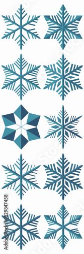 Diverse crystalline blue and cyan snowflake illustrations, symmetrical geometric ice crystals and winter decorations, detailed graphic resources for holiday promotions, seasonal marketing, digital art