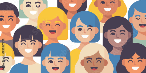 A vibrant, happy, and diverse group of smiling people from various backgrounds and ethnicities packed together in a colorful modern vector illustration, symbolizing global unity, teamwork, inclusion,