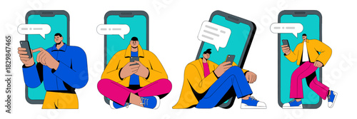 Contemporary digital communication concept artwork featuring diverse people texting and chatting on smartphones, emerging from phone screens in a vibrant vector illustration style, ideal for modern ad