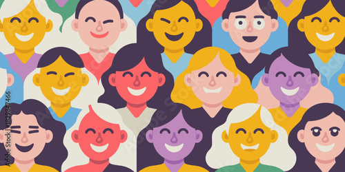 A large, diverse group of cheerful, smiling people portraits, illustrating unity, inclusion, and a global workforce community with vibrant, colorful skin tones and modern flat vector design, perfect f