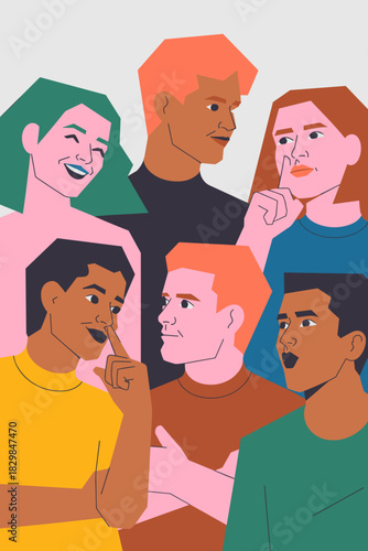 Diverse group of six multiracial colleagues and friends sharing a confidential secret, gesturing for silence and discretion in a vibrant, modern graphic vector illustration. This geometric, colorful c