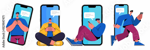 Contemporary vector graphic showing diverse male users immersed in mobile phone screens, texting, running, and sitting, illustrating essential concepts of virtual communication, social networking, dig