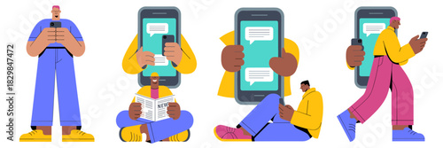 Diverse group of modern people using their mobile smartphones for texting, chatting, reading news, and social media connectivity, representing global digital communication, internet reliance, technolo