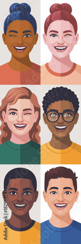 A diverse group of six happy multicultural people featuring various ethnicities, genders, and hairstyles, smiling broadly and winking in modern flat vector illustration portraits, ideal for illustrati