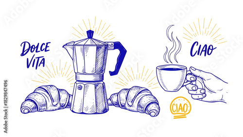 Illustration depicting Italian coffee culture, featuring a moka pot, croissants, and a cup of coffee.