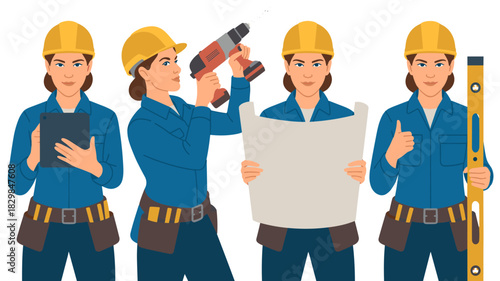 Professional female construction worker illustration showing a successful, skilled tradeswoman wearing a hard hat and tool belt, utilizing a digital tablet, reviewing architectural blueprints, operati