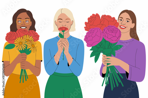 Three diverse young women happily holding vibrant bouquets of colorful spring flowers, including red roses, yellow daisies, and pink peonies, enjoying the sweet fragrance in a modern flat vector illus