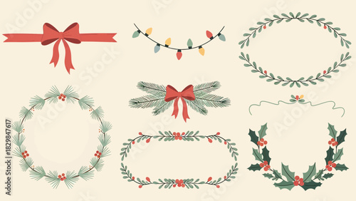 A collection of various festive Christmas decorative elements including ribbons, bows, string lights, and wreaths made of pine, holly, and berries.