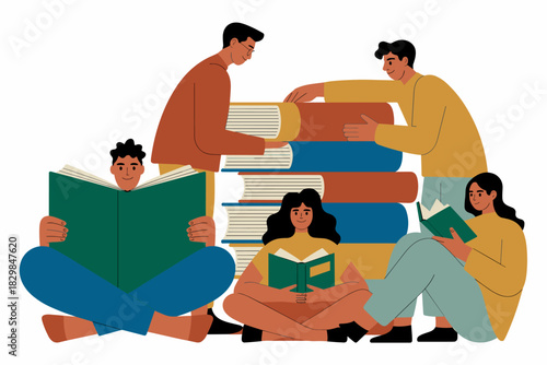Diverse group of young students collaborating, sharing knowledge, and happily reading textbooks while stacking an immense pile of academic research books in a modern vector illustration concept for ed