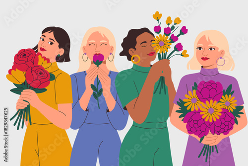 Diverse group of four happy women holding, admiring, and smelling vibrant floral bouquets, celebrating sisterhood, spring, and feminine appreciation, a joyful flat design vector illustration for moder